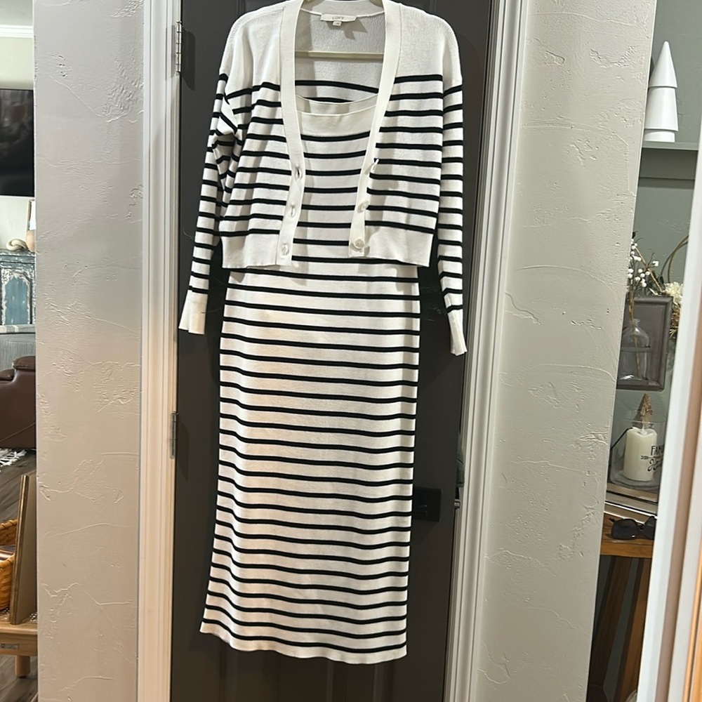 Sweater dress with matching cardigan.   Black and white striped